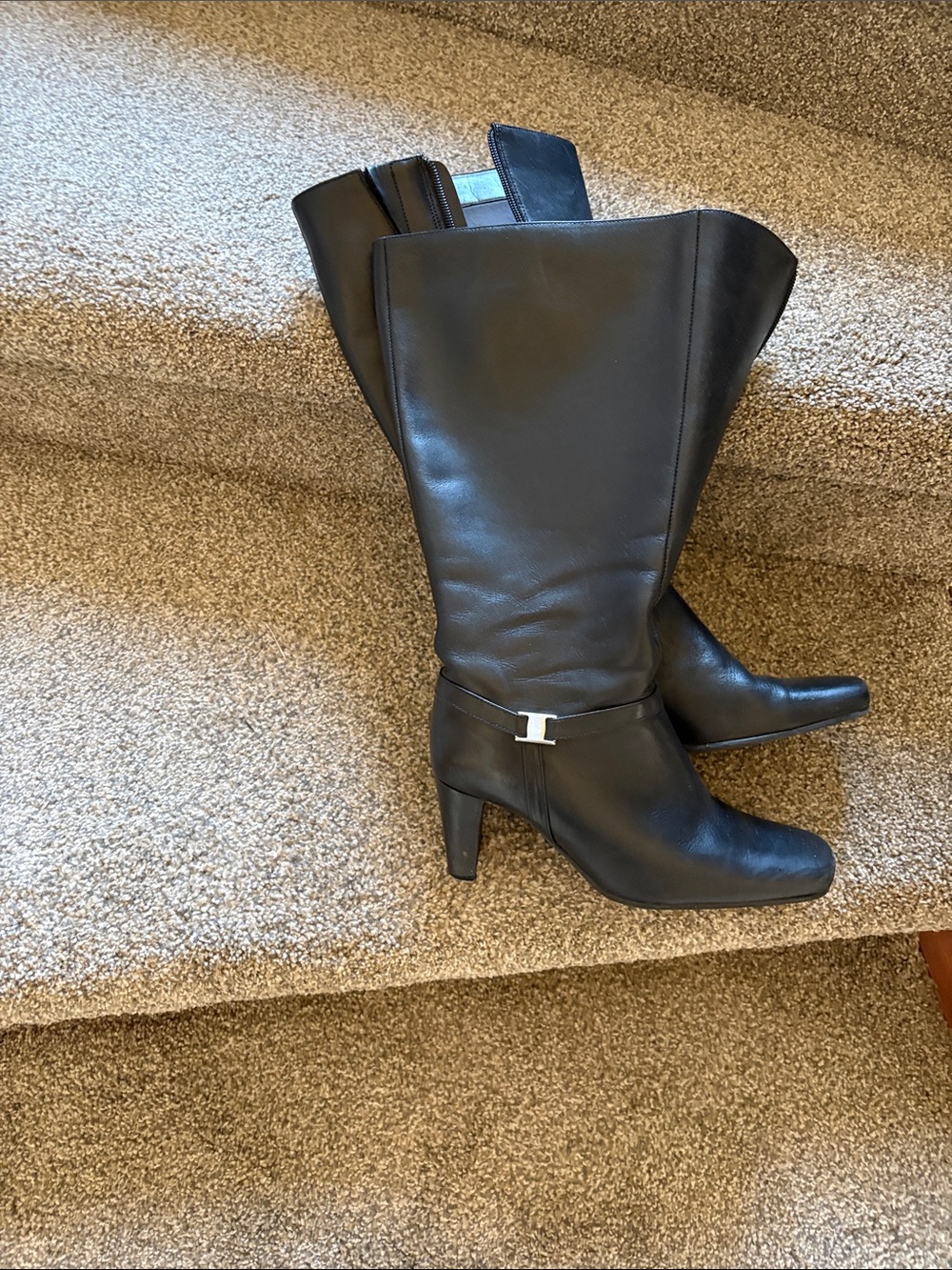 Naturalizer Black Leather Mid-Calf Heeled Boots with Silver Accent
